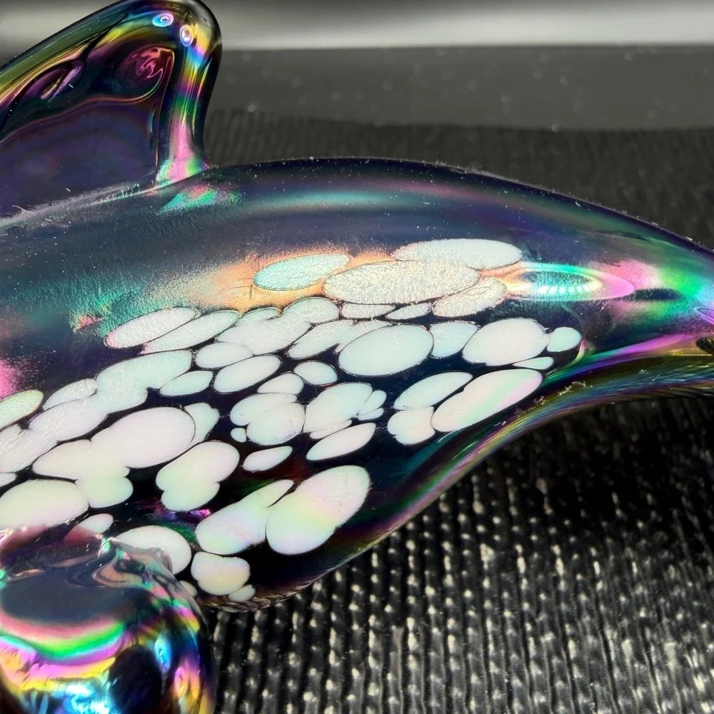Pele of Hawaii Glass‎ Iridescent Dolphin Figurine Carnival Glass White Spotted